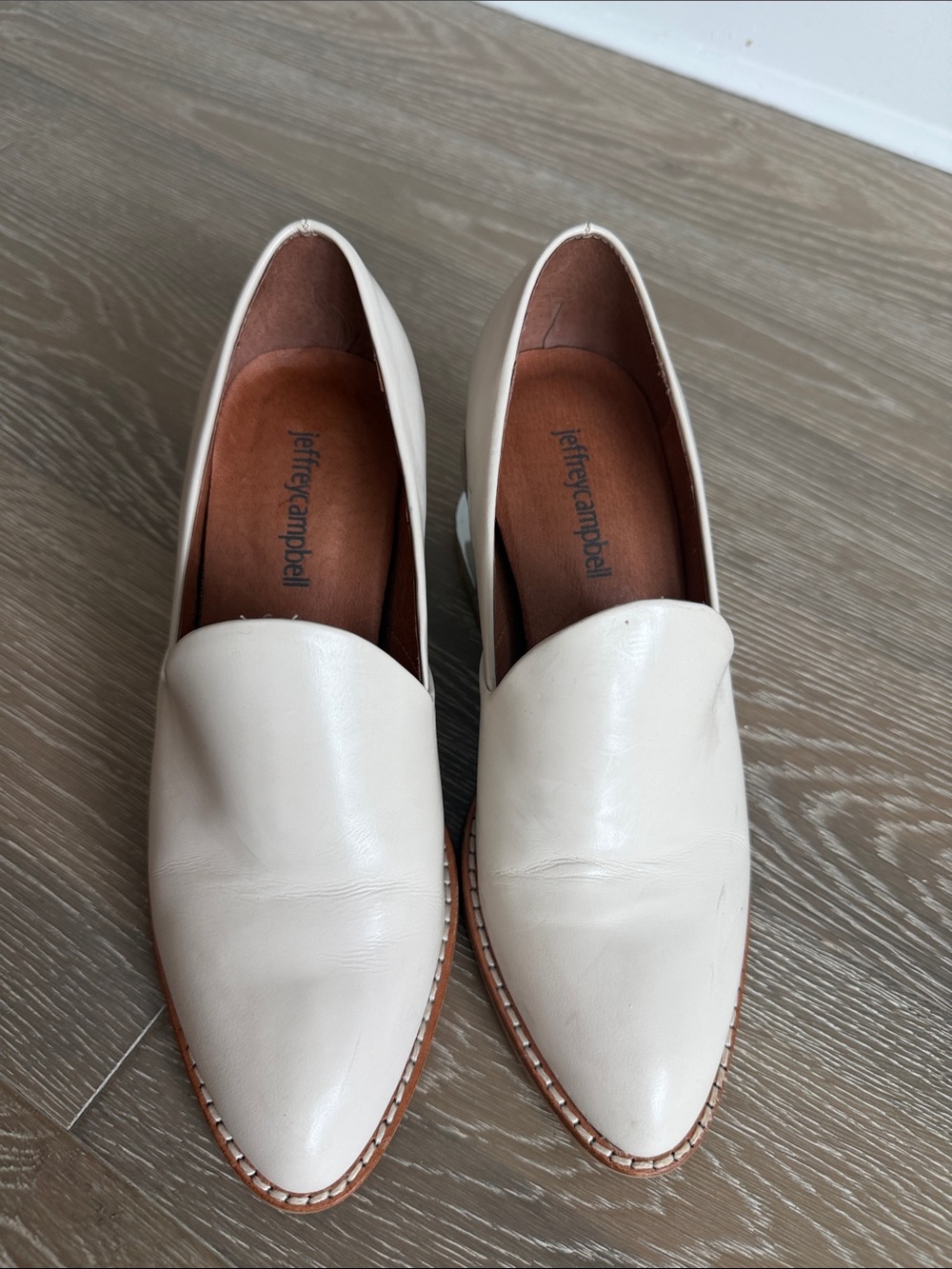 Jeffrey Campbell Cream Leather Pointed Slip-On Loafers